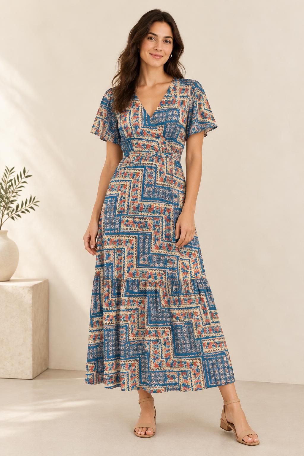Inspiration La robe avec le tissu Maille "bisou-bisou", motif patchwork fleuri géométrique