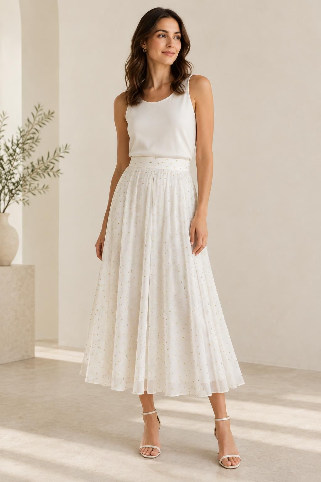 The skirt inspiration using AURÉA - Viscose batiste with gold plumetis fabric