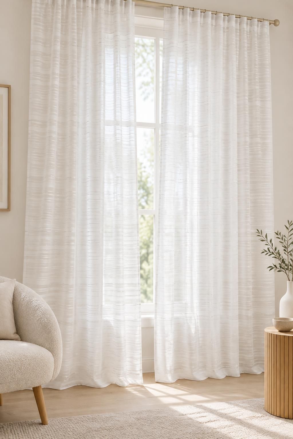 Inspiration Les voilages avec le tissu GARAEEL - Voile crêpe de viscose à rayures satinées et à fils lurex argentés