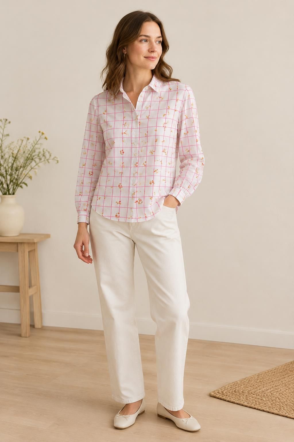 Inspiration La blouse avec le tissu Popeline de coton, quadrillage rose et fleurs champêtres