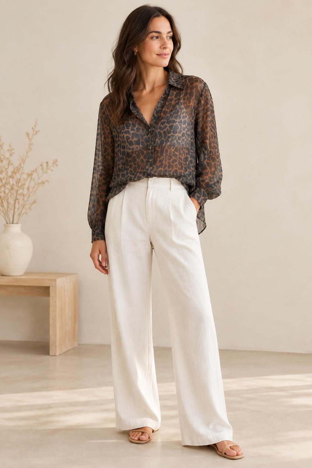 Inspiración La blusa con el tejido Voile gaze de viscosa, estampado de leopardo marrón y negro