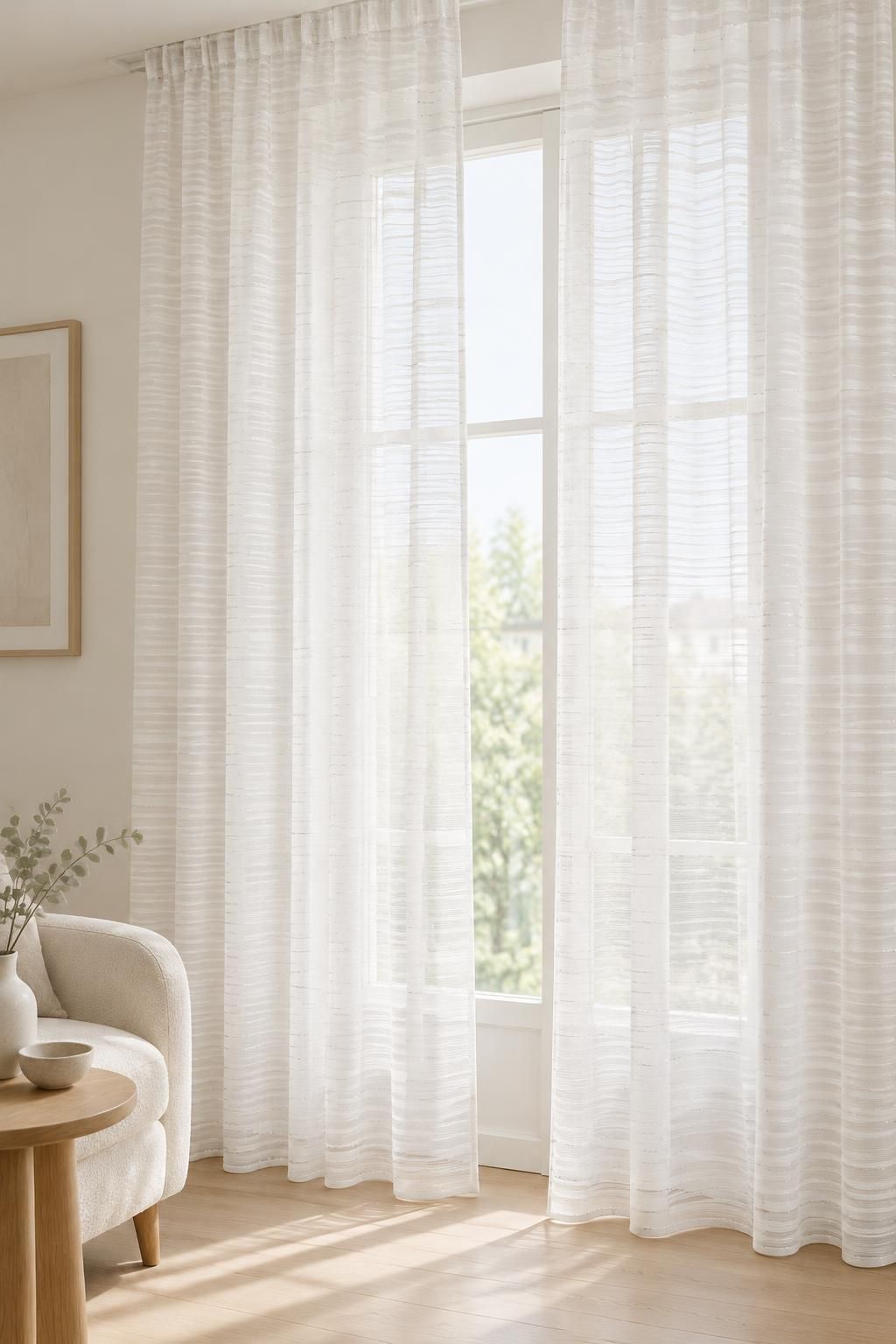 Inspiration Les voilages avec le tissu GARAEEL - Voile crêpe de viscose à rayures satinées et à fils lurex argentés