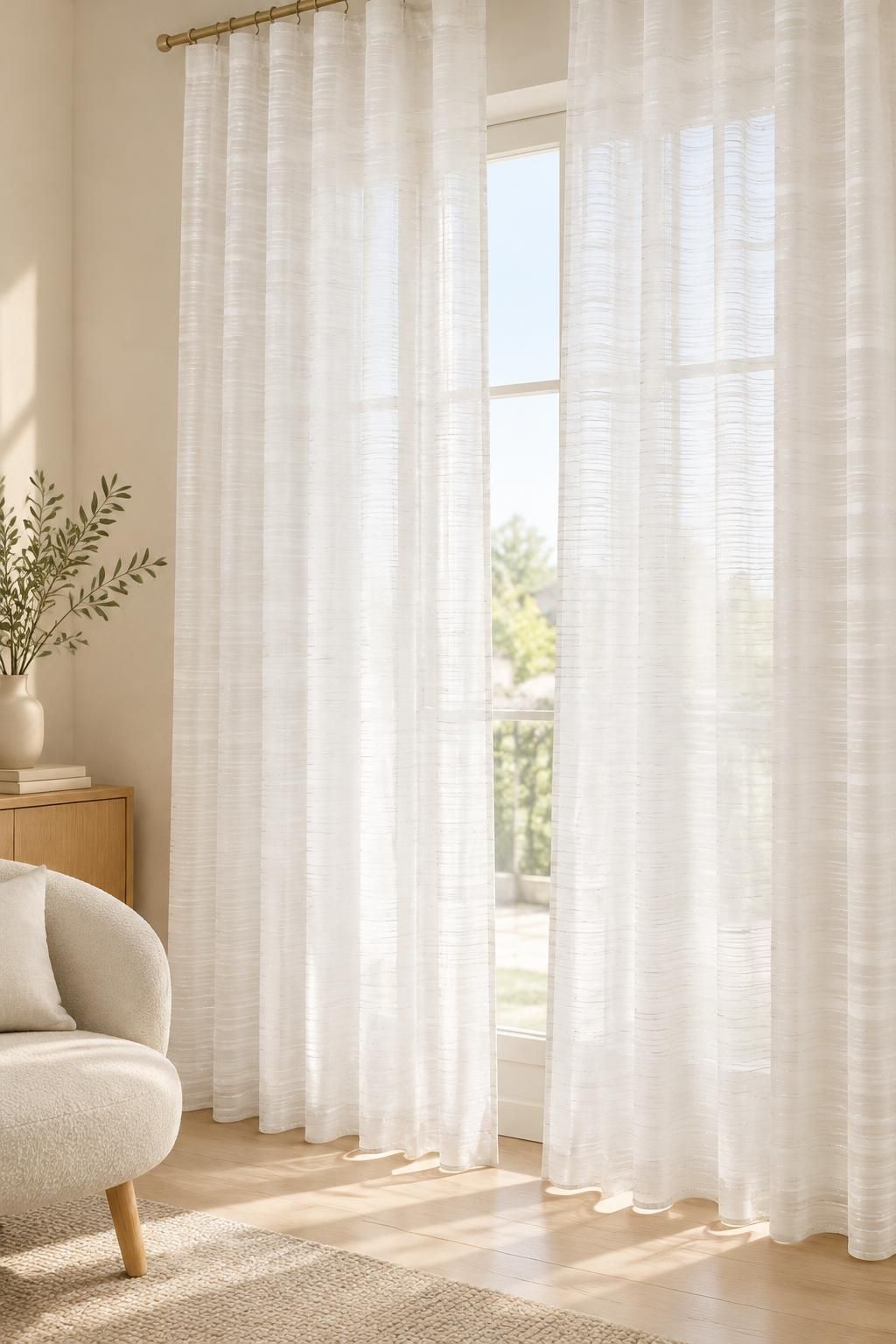 Inspiration Les voilages avec le tissu GARAEEL - Voile crêpe de viscose à rayures satinées et à fils lurex argentés