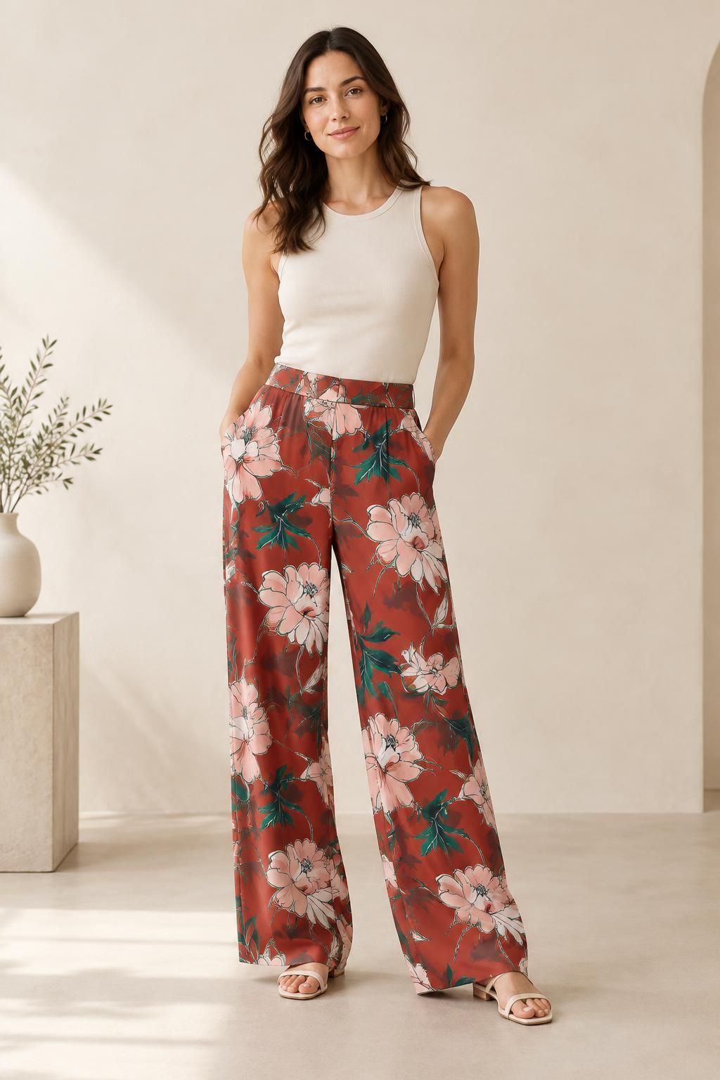 Inspiration Le pantalon avec le tissu Sergé de polyester effet soie, grandes fleurs roses et feuillage vert