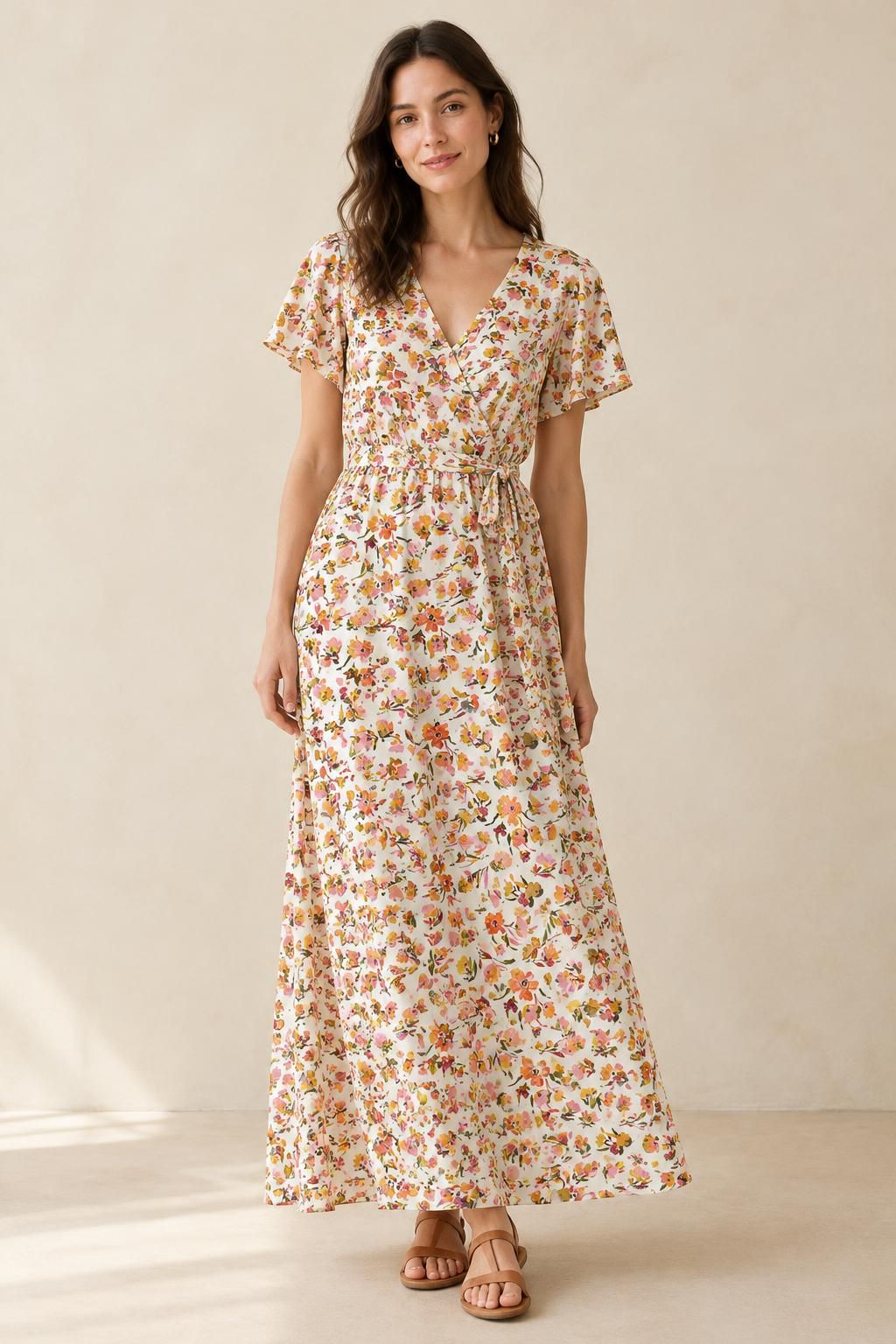 Inspiration La robe avec le tissu Viscose fluide, motif fleuri champêtre multicolore