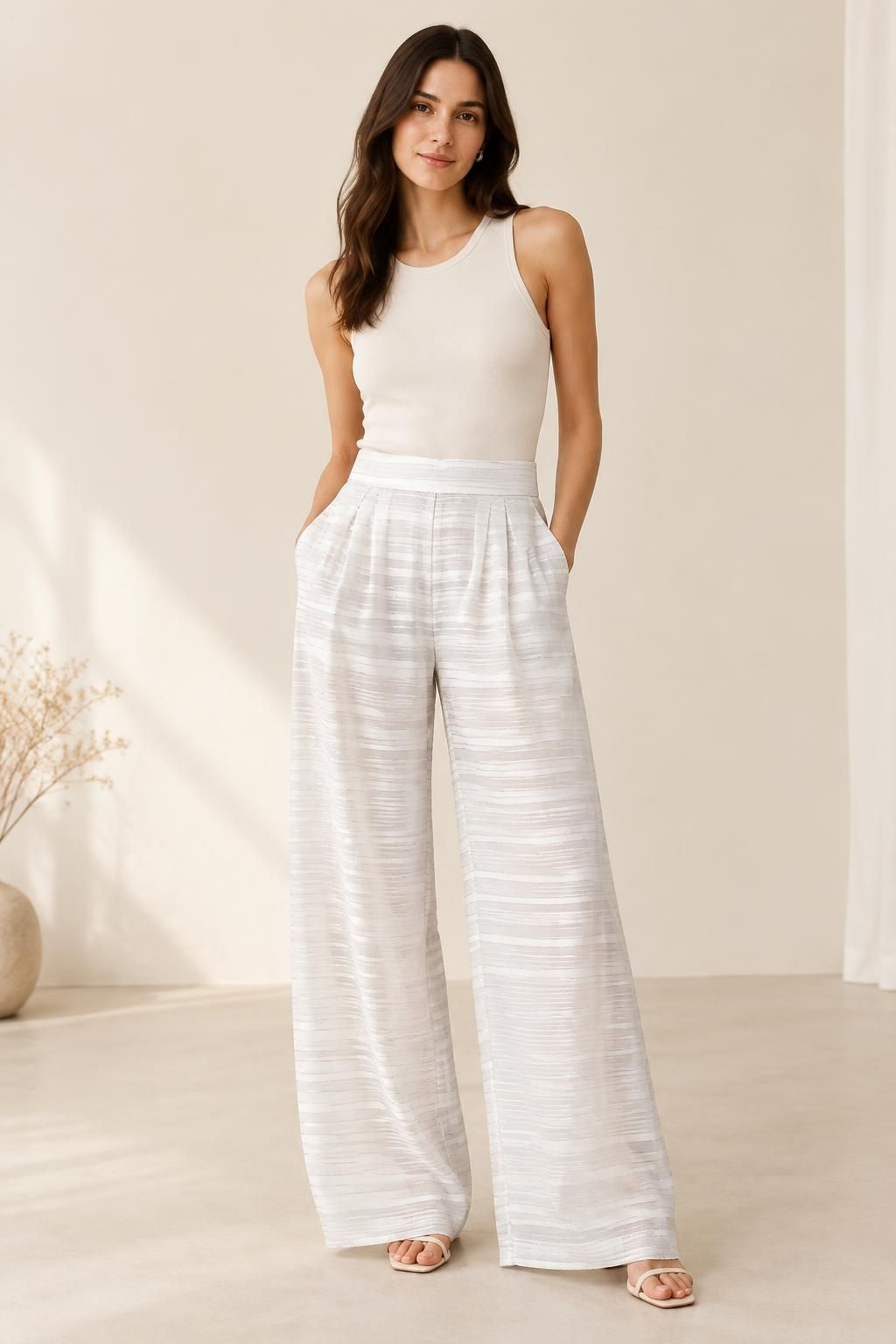 Inspiration Le pantalon avec le tissu GARAEEL - Voile crêpe de viscose à rayures satinées et à fils lurex argentés