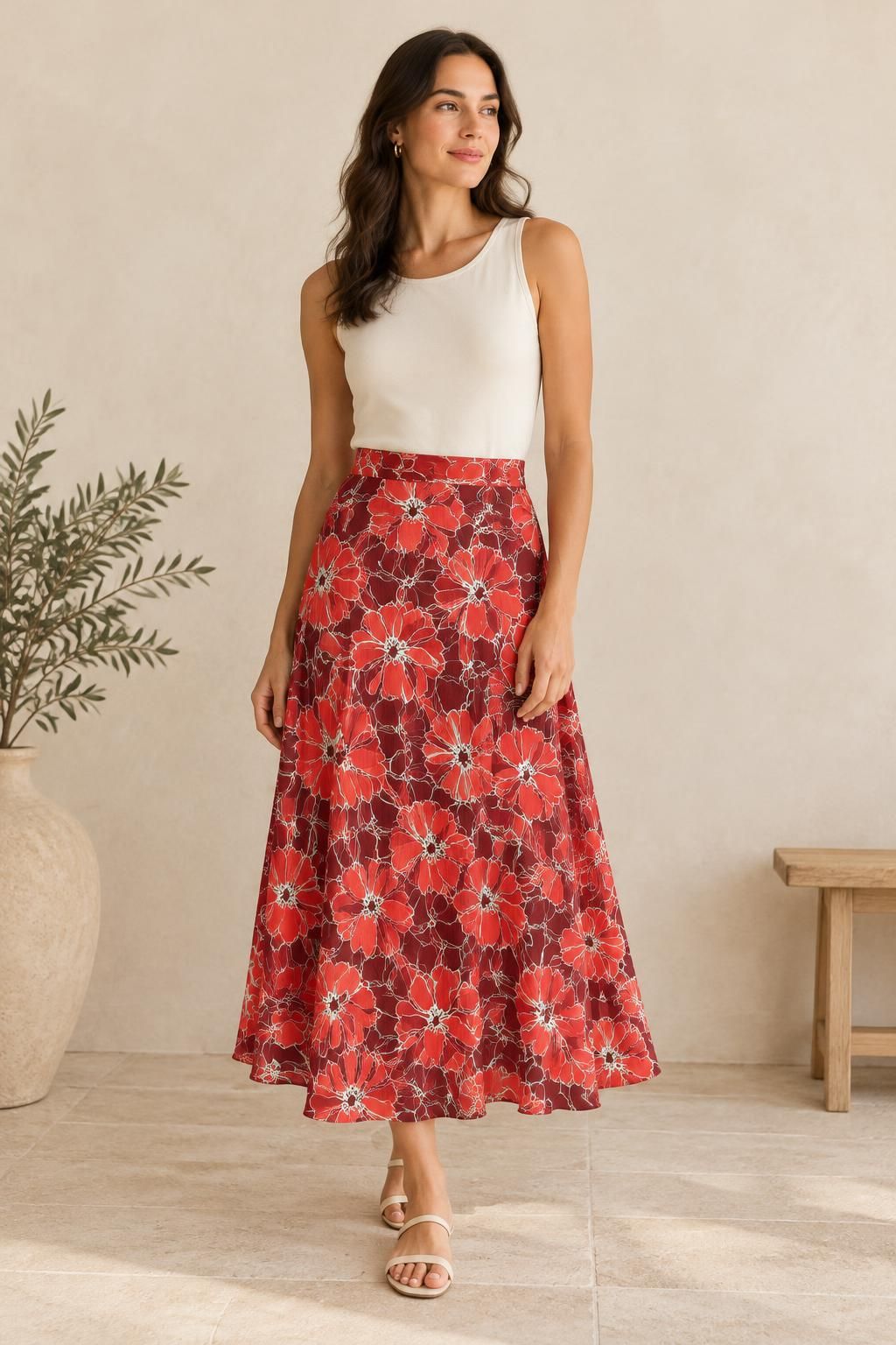 Inspiration La jupe avec le tissu Viscose effet froissé motif fleuri graphique multicolore