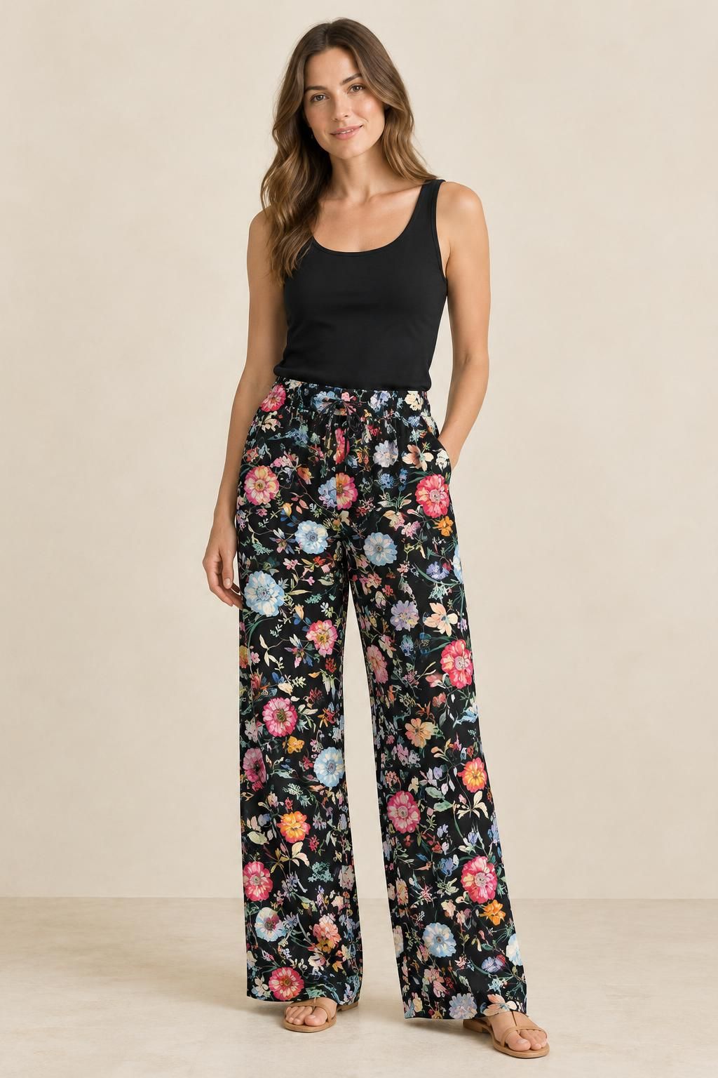 The trousers inspiration using Black-ground floral viscose fabric
