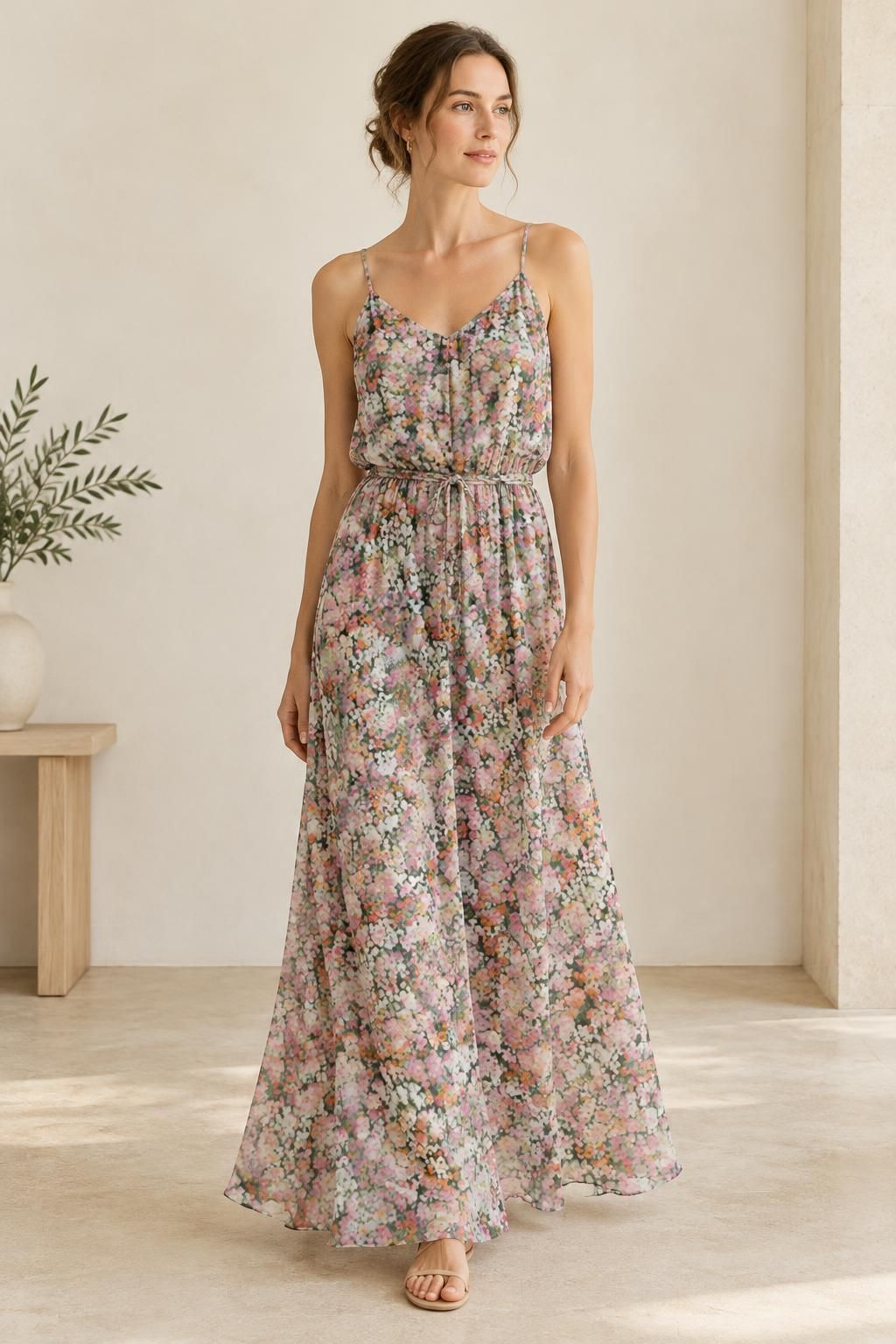 Inspiración El vestido con el tejido Voile de algodón, estampado floral abstracto multicolor