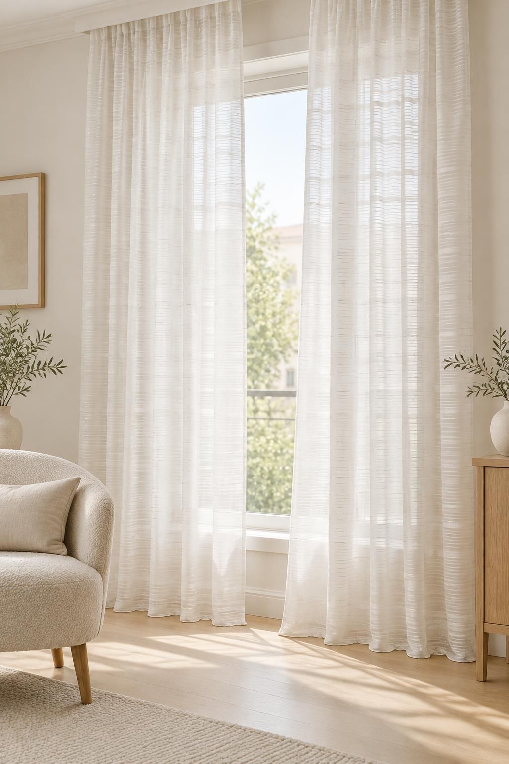 Inspiration Les voilages avec le tissu GARAEEL - Voile crêpe de viscose à rayures satinées et à fils lurex argentés