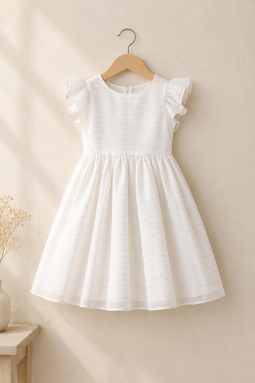 Inspiración El vestido infantil con el tejido LINE - Batiste de viscose con rayas de lurex plateadas