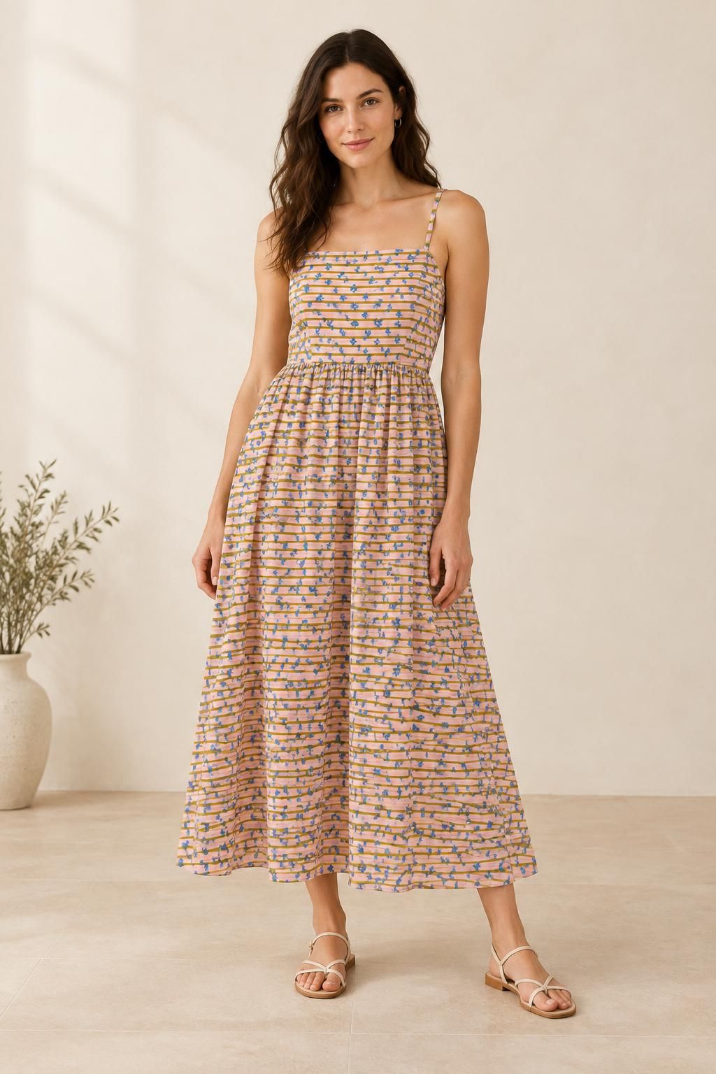 Inspiration La robe avec le tissu Voile de coton, petites fleurs bleues sur rayures multicolores