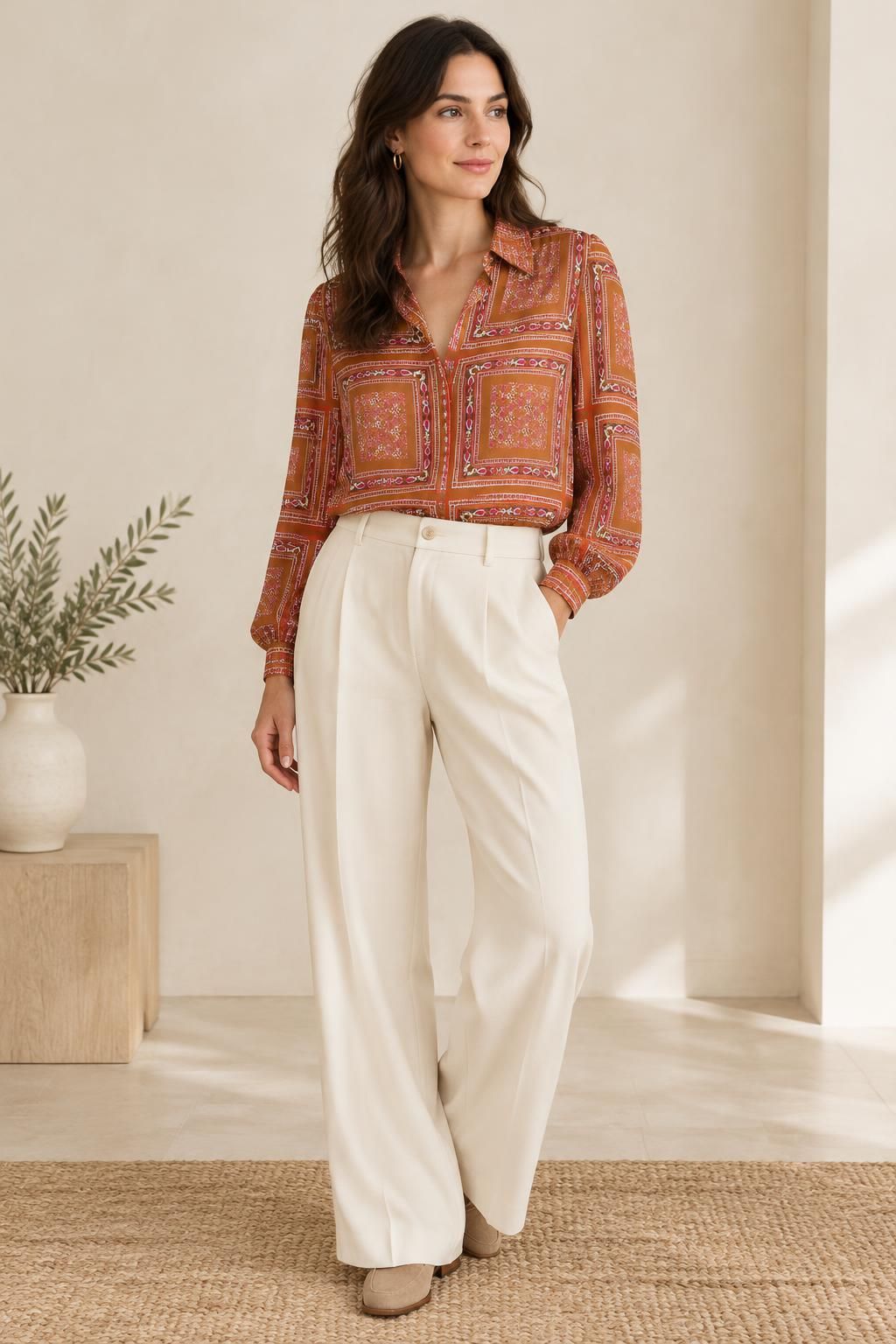 Inspiration Die Bluse mit dem Stoff Strukturierter Viskosekrepp mit geometrischem Paisleymuster in Braun