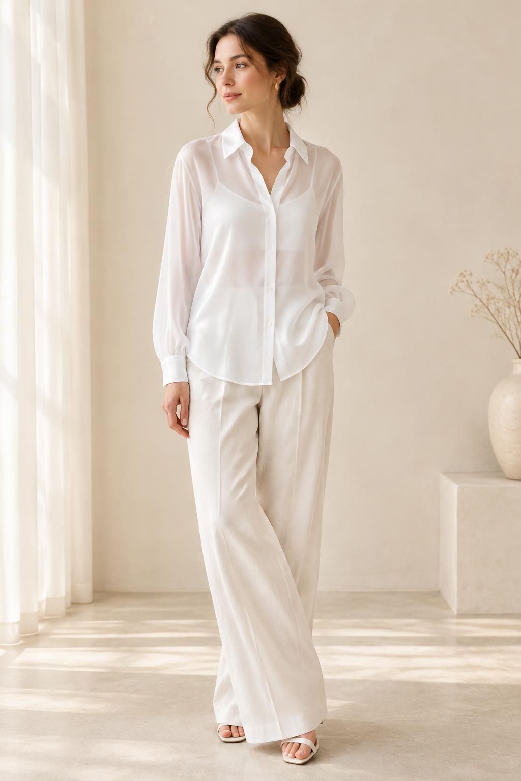 Inspiration La blouse avec le tissu Voile satin polyester fluide - Nuances de blanc