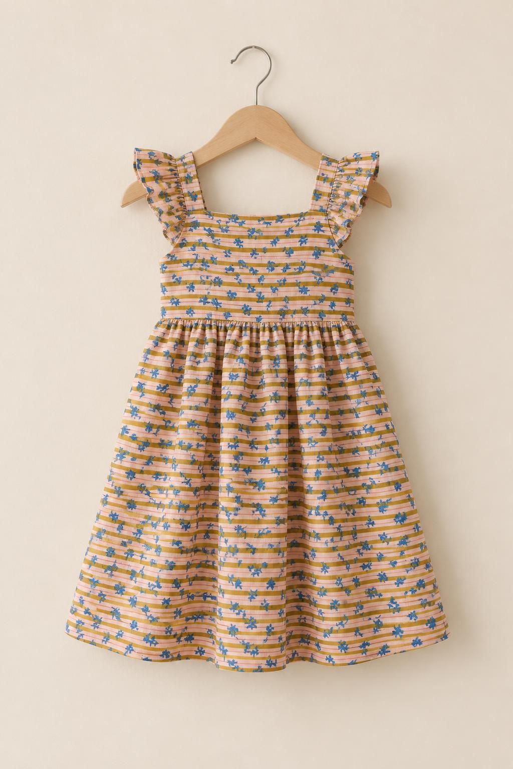Inspiration La robe enfant avec le tissu Voile de coton, petites fleurs bleues sur rayures multicolores