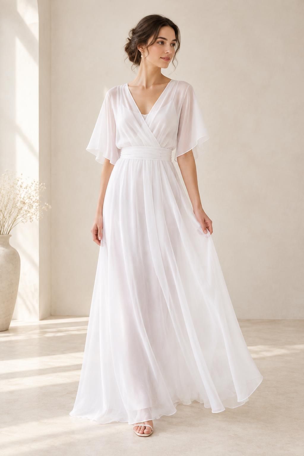 Inspiration La robe avec le tissu Voile satin polyester fluide - Nuances de blanc
