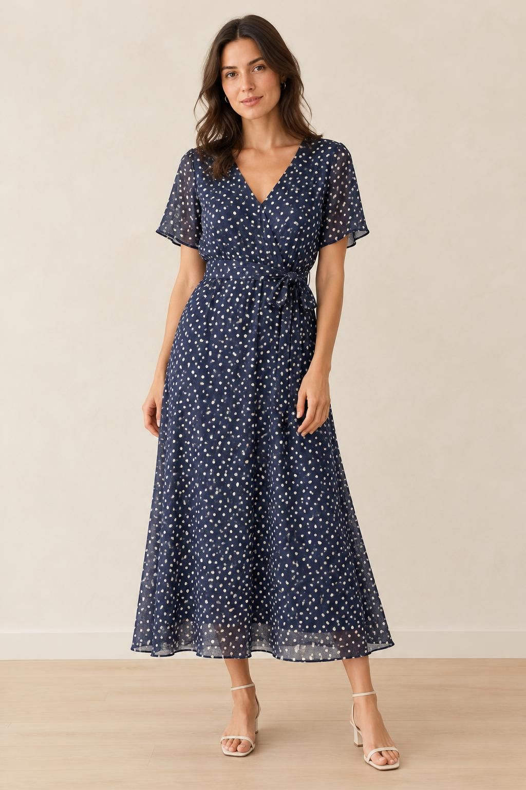 Inspiration Das Kleid mit dem Stoff Blaue gepunktete Viskose-Polyester-Gaze