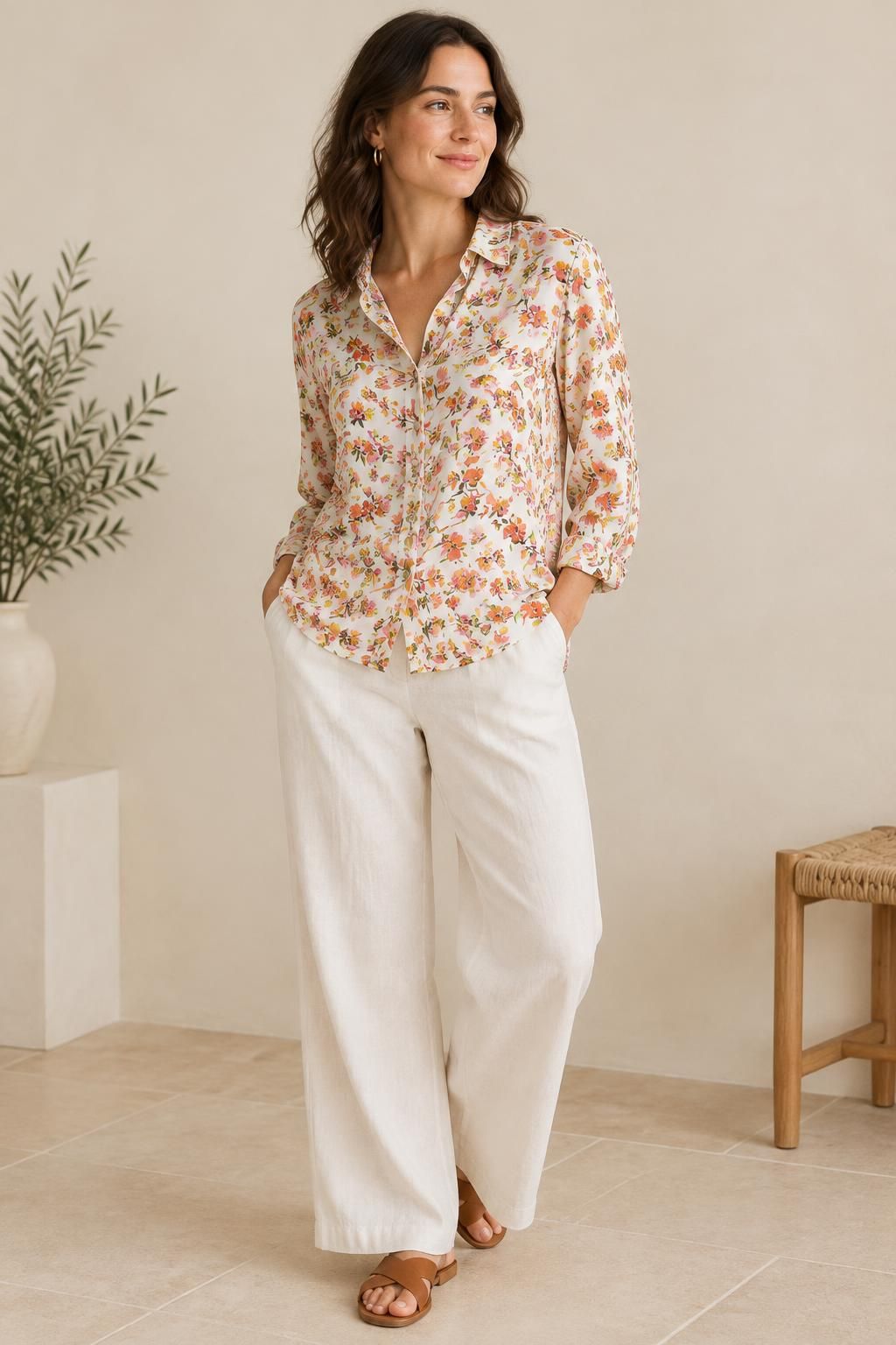 Inspiration La blouse avec le tissu Viscose fluide, motif fleuri champêtre multicolore