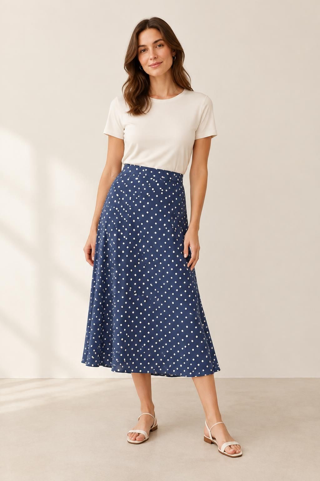Inspiration La jupe avec le tissu Viscose Ecovero, pois blancs sur fond bleu