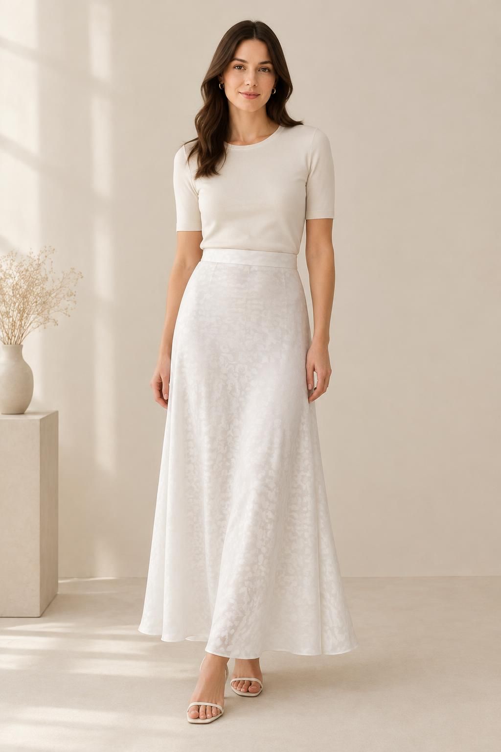Inspiration La jupe avec le tissu Jacquard de viscose satiné, motif léopard blanc