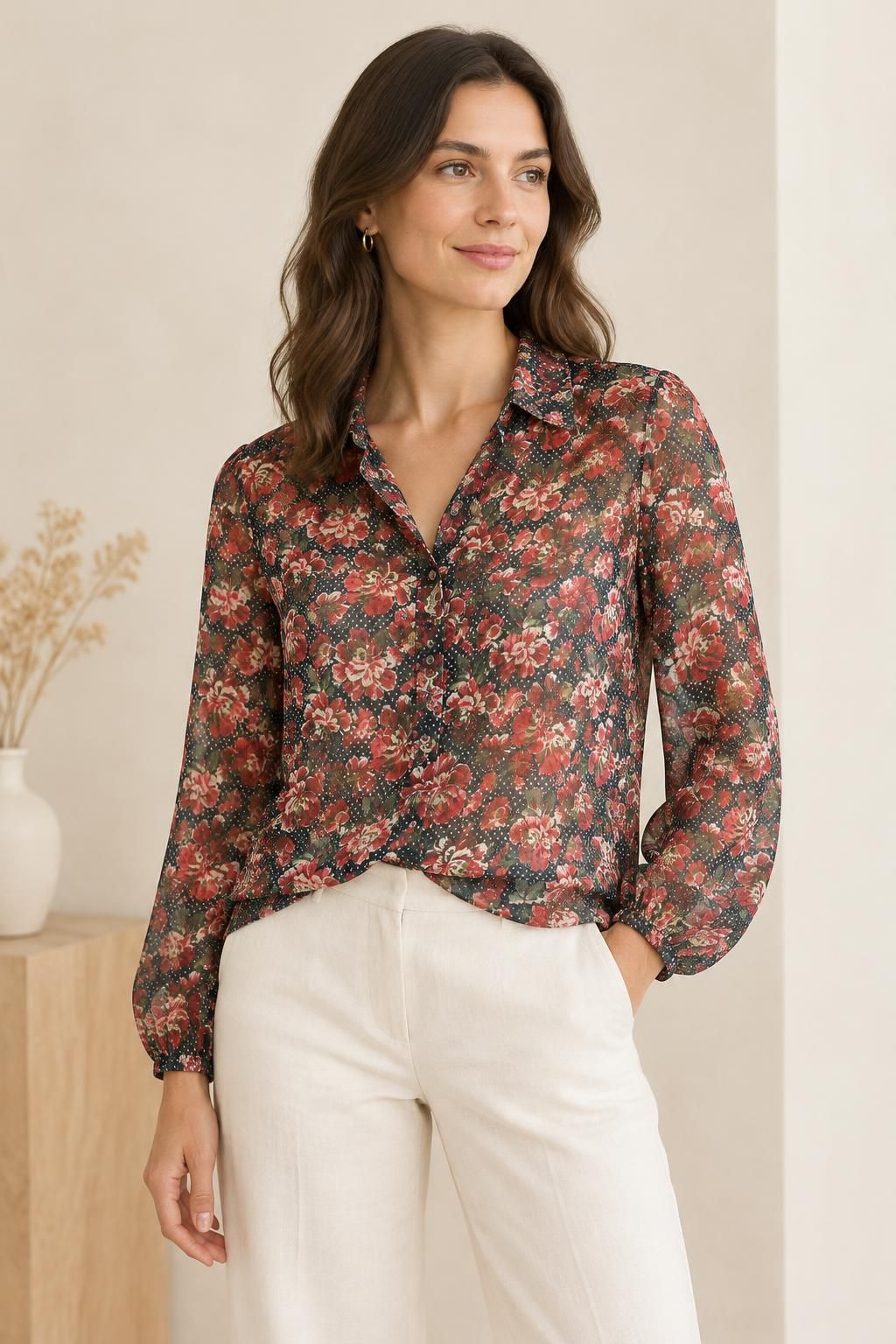 Inspiration La blouse avec le tissu Voile crêpe de polyester, fleurs rouges et pois blancs