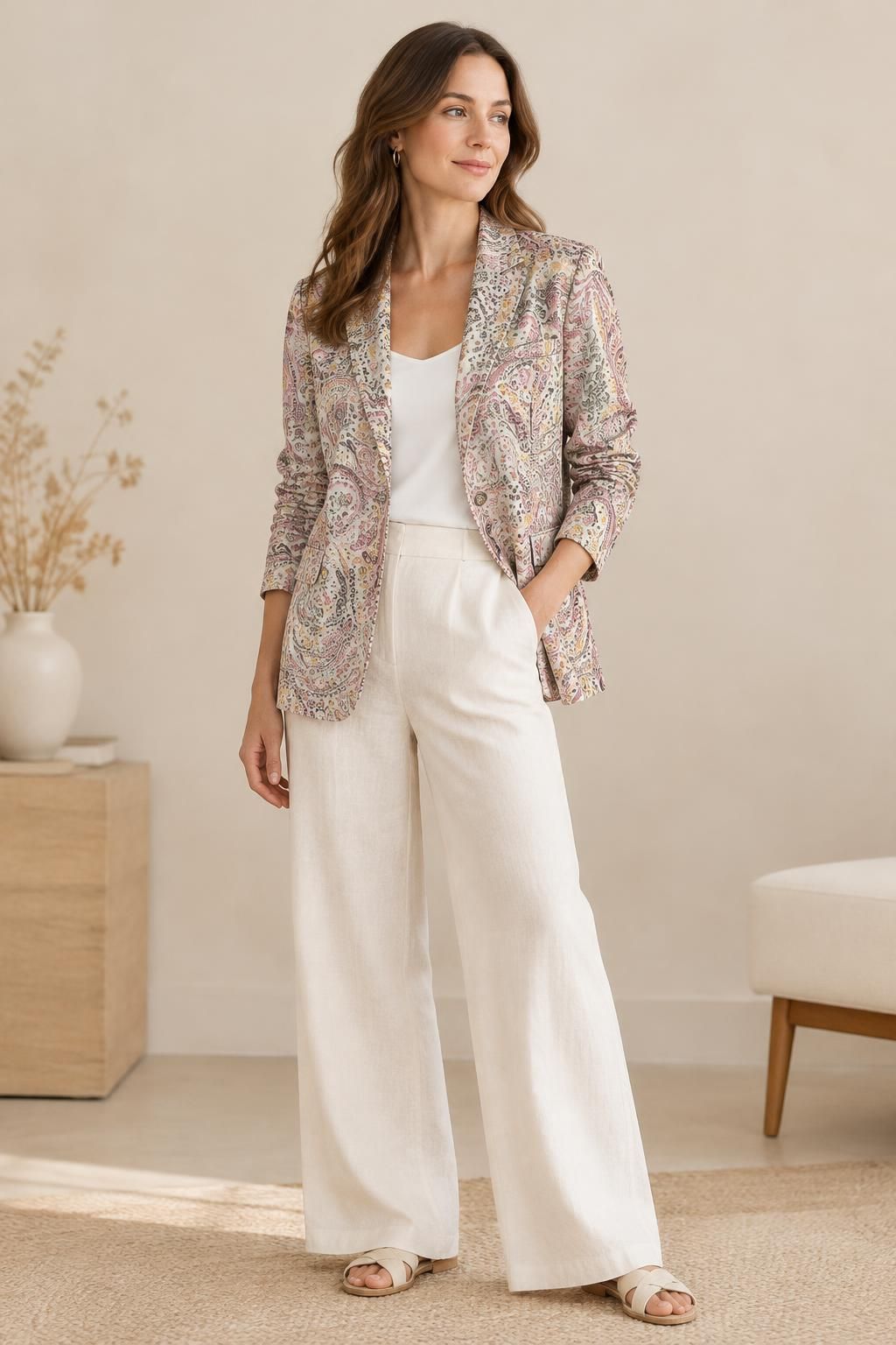 Inspiration La veste avec le tissu Sergé de viscose, motif cachemire fleuri bohème rose et jaune