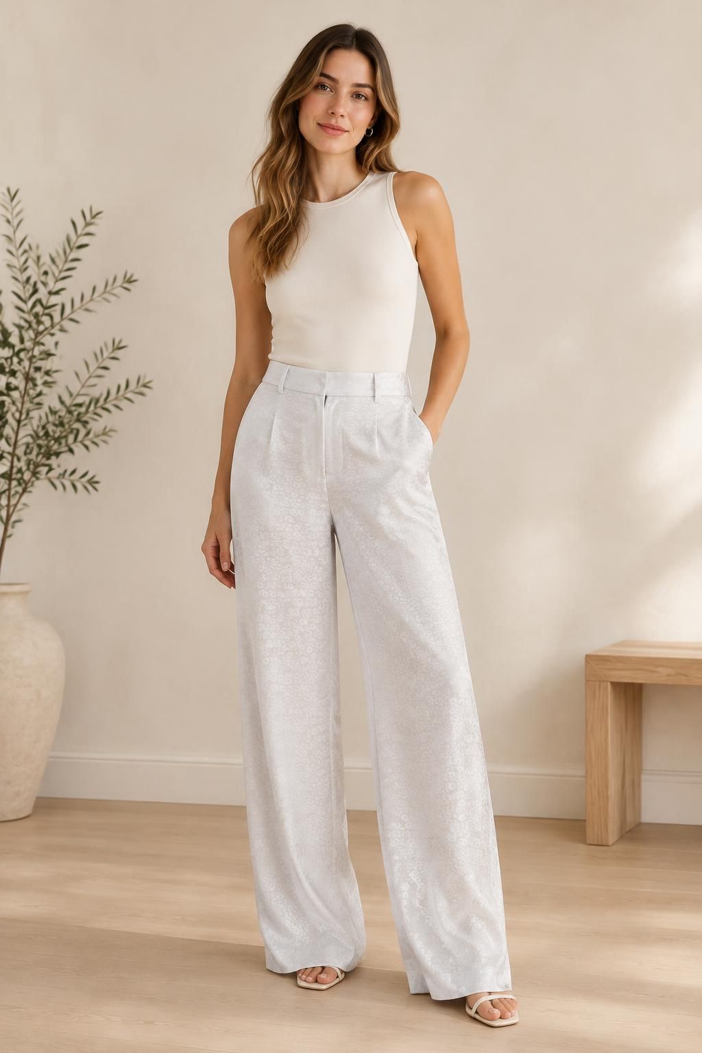 Inspiration Le pantalon avec le tissu Jacquard de viscose satiné, motif léopard blanc