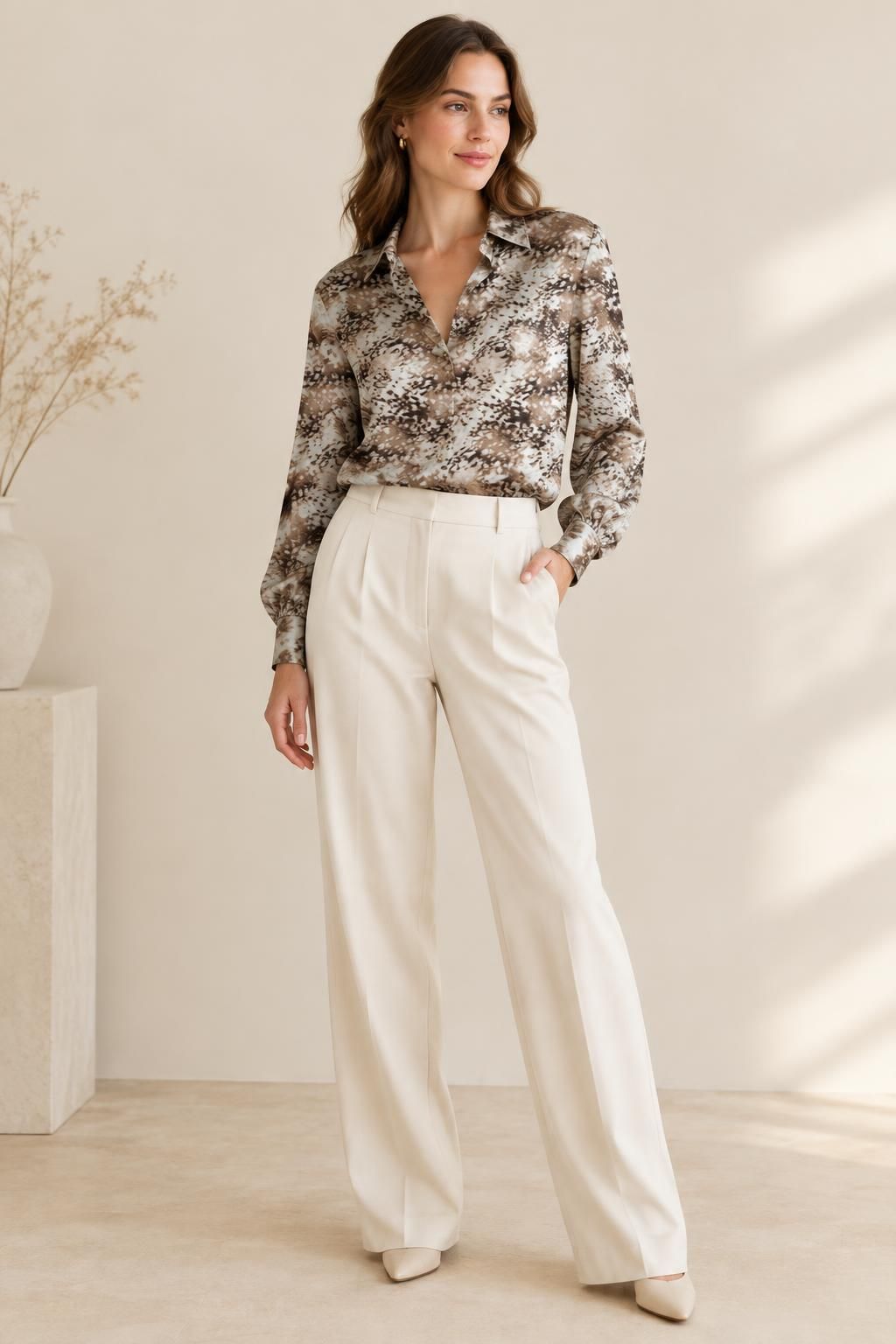 Inspiration La blouse avec le tissu Satin de polyester plissé léger, motif animalier brun et écru